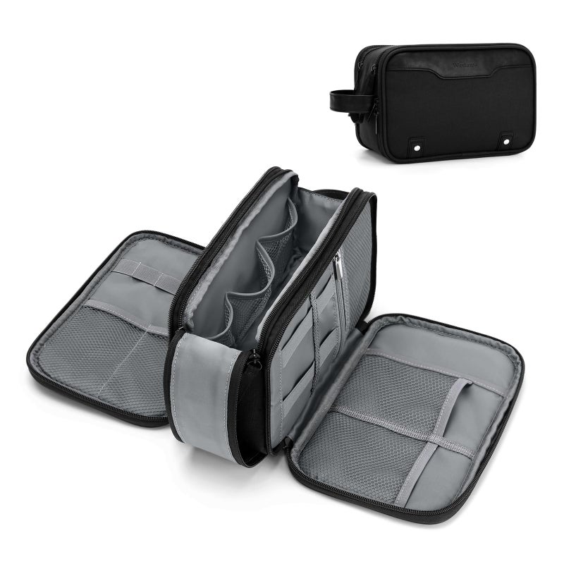 Wedama Toiletry Bag for Men  Medium Hanging Travel Toiletry Bag  Extra Electronic Organizer Bag Waterproof Shaving Bag for Toiletries with PU Handle for Travel Business Trips Swim Camping  Black - Image 1